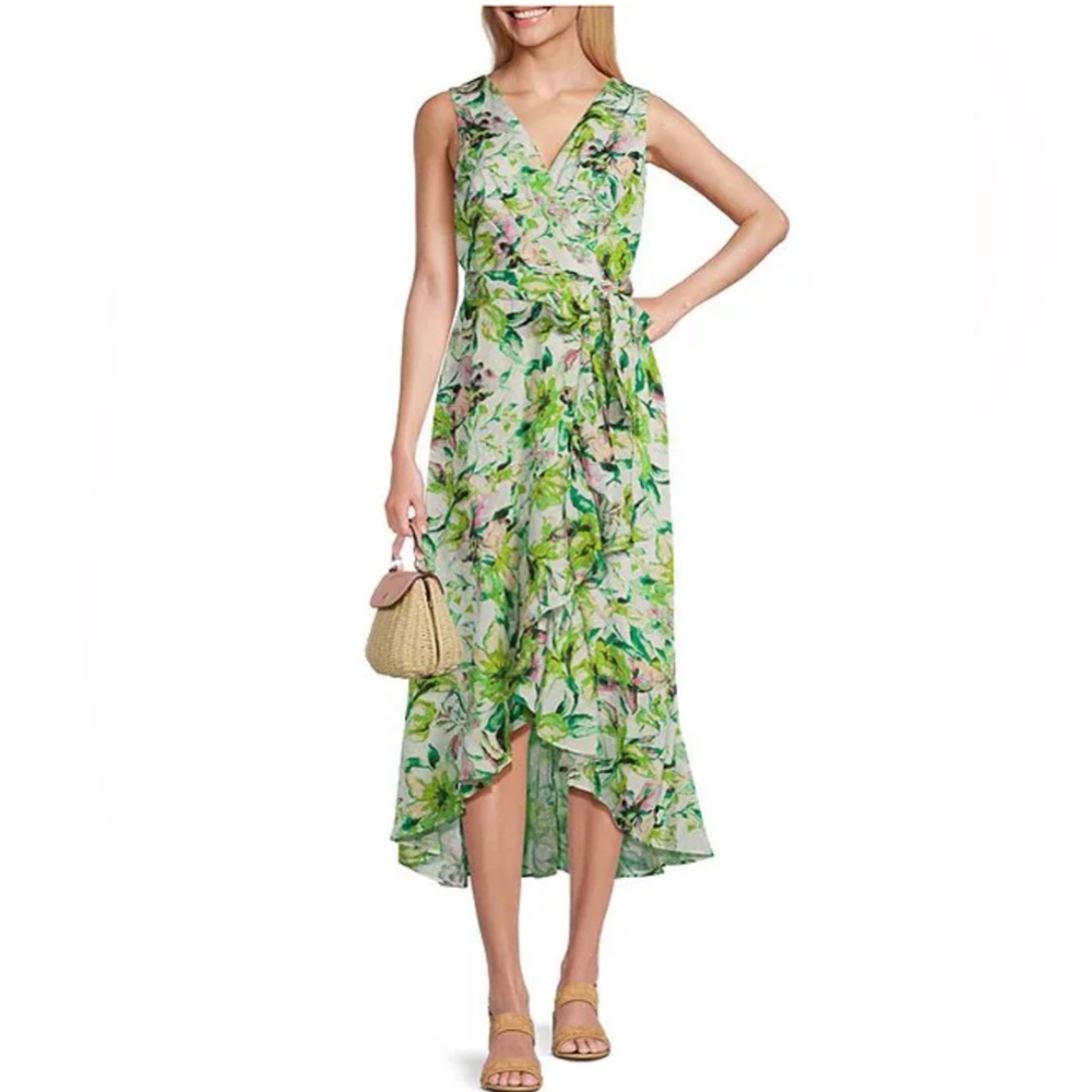 NWT Leslie Fay Sz 4  Tie Waist Ruffle Skirt Floral Print Chiffon Faux Wrap Dress